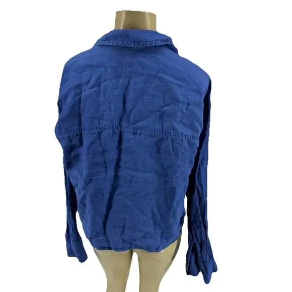 Rachel Zoe XL Women Button Up Shirt Blue 100% Linen Long Sleeve E0 - Picture 3 of 8
